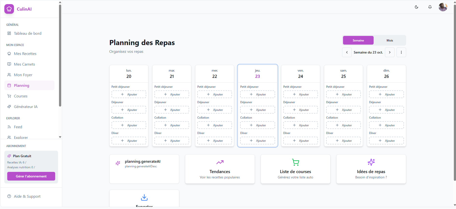 Capture du planning des repas