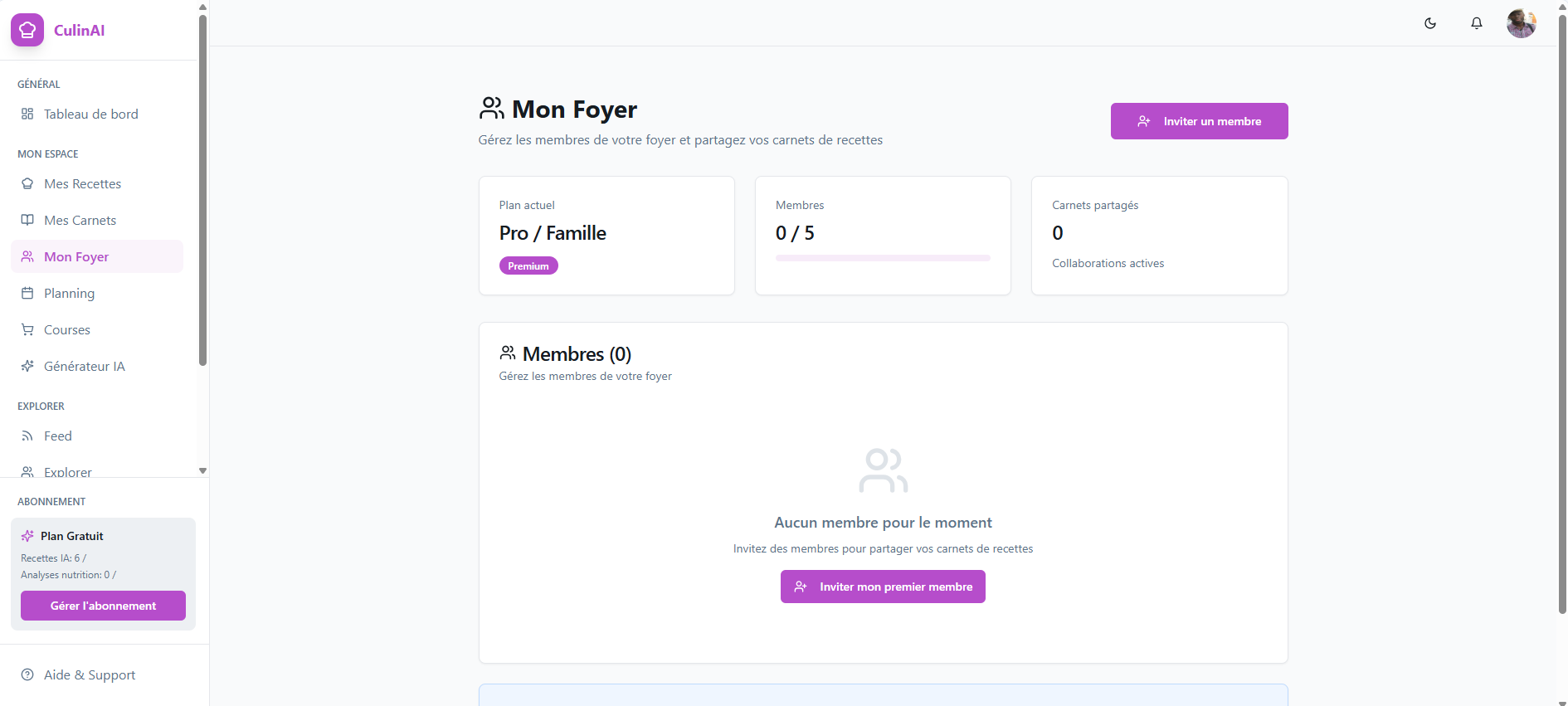 Aperçu du tableau de bord MyCookyBook — recettes, planning et liste de courses